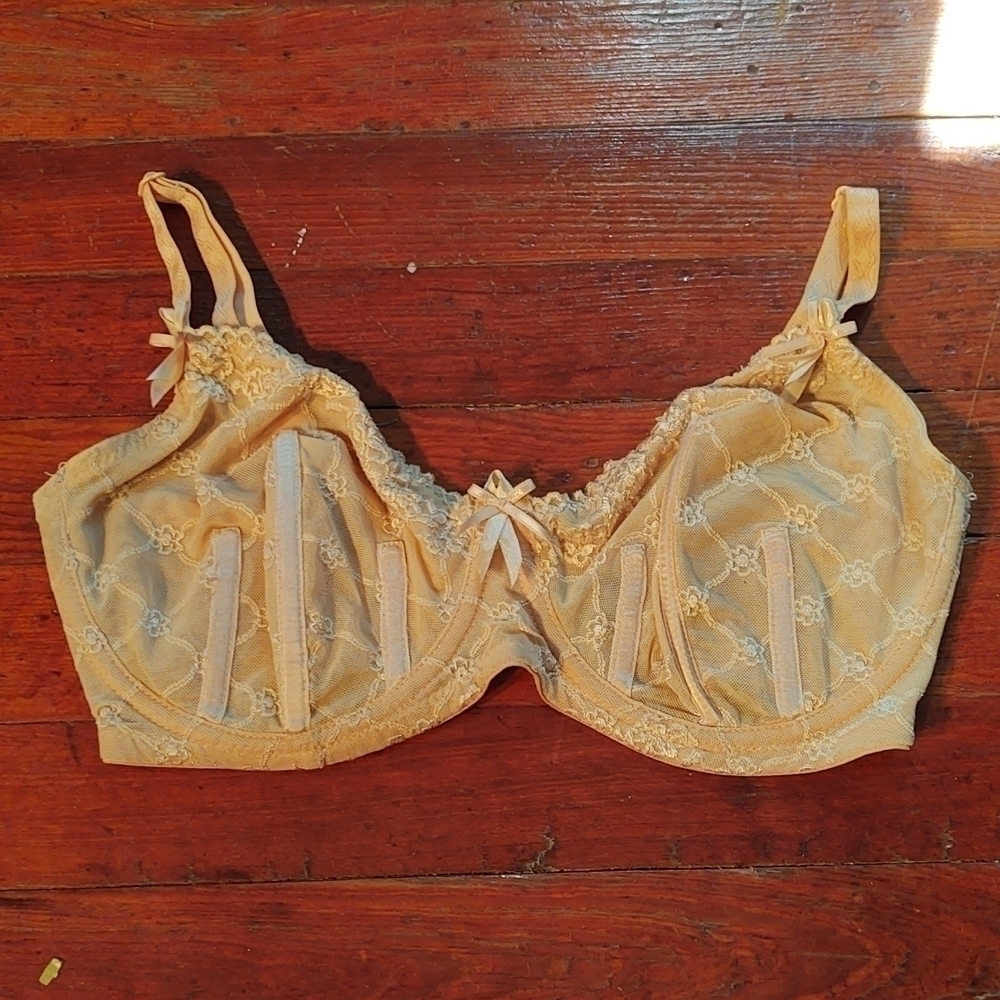 Vintage Frederick's of Hollywood Nude Embroidered Bra with Bow Accents Sz 34DD